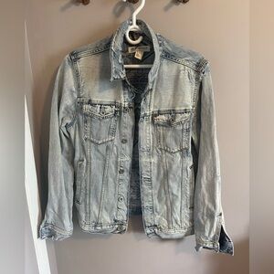 H&M Coachella Denim Shirt Jacket Mens small Blue Shacket Distressed Grunge Punk